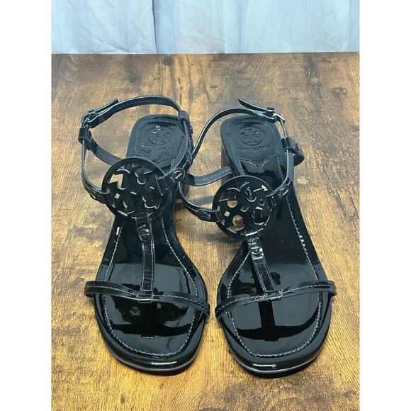 Tory Burch Miller Black Patent Leather T Strap Logo Block Sandals Size 10.5 Heel - Picture 3 of 10